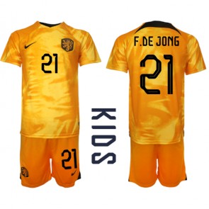 Holland Frenkie de Jong #21 Hjemmebanesæt Børn VM 2022 Kort ærmer (+ korte bukser)